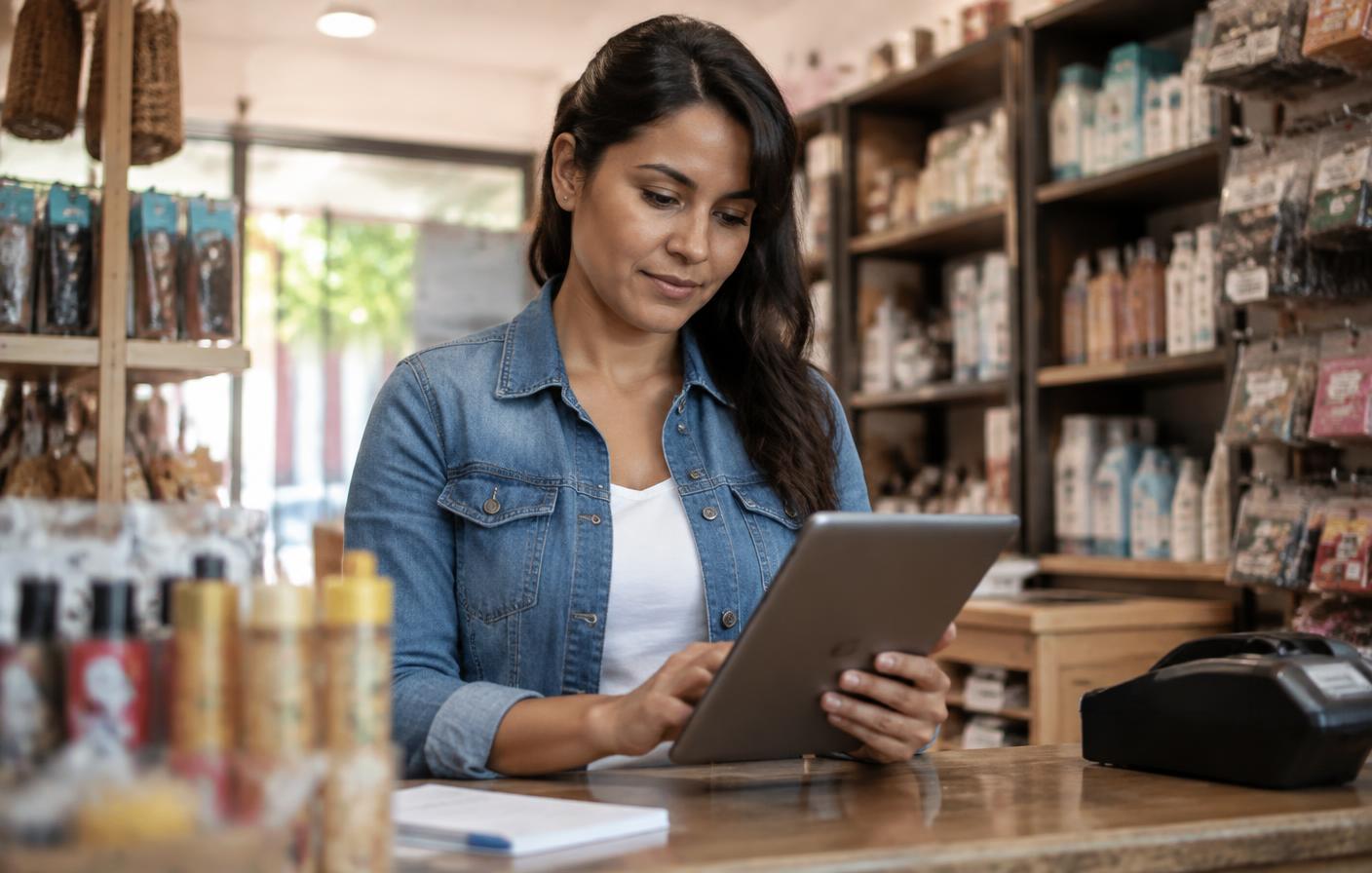Empresaria usando FID Flex en una tablet